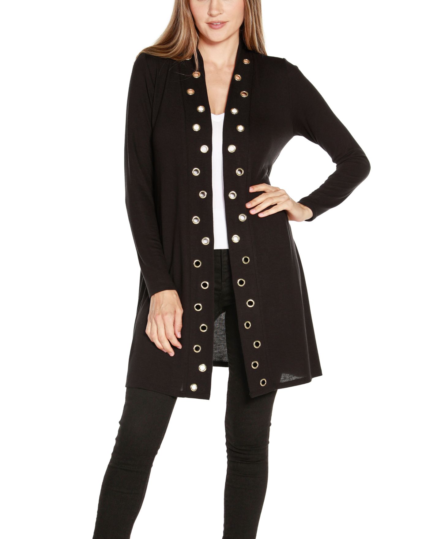 Женский кардиган Belldini Long Sleeve Grommet-Trim Cardigan Top, цвет: Чёрный — фото 1