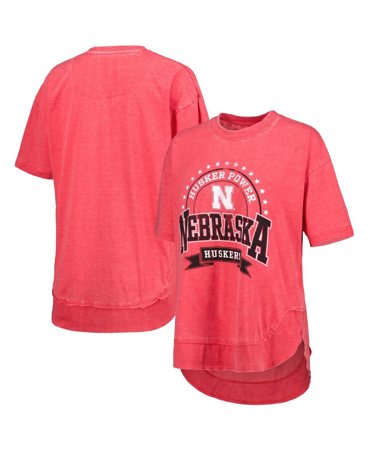 Shop Pressbox Women's  Scarlet Distressed Nebraska Huskers Vintage-like Wash Poncho Captain T-shirt