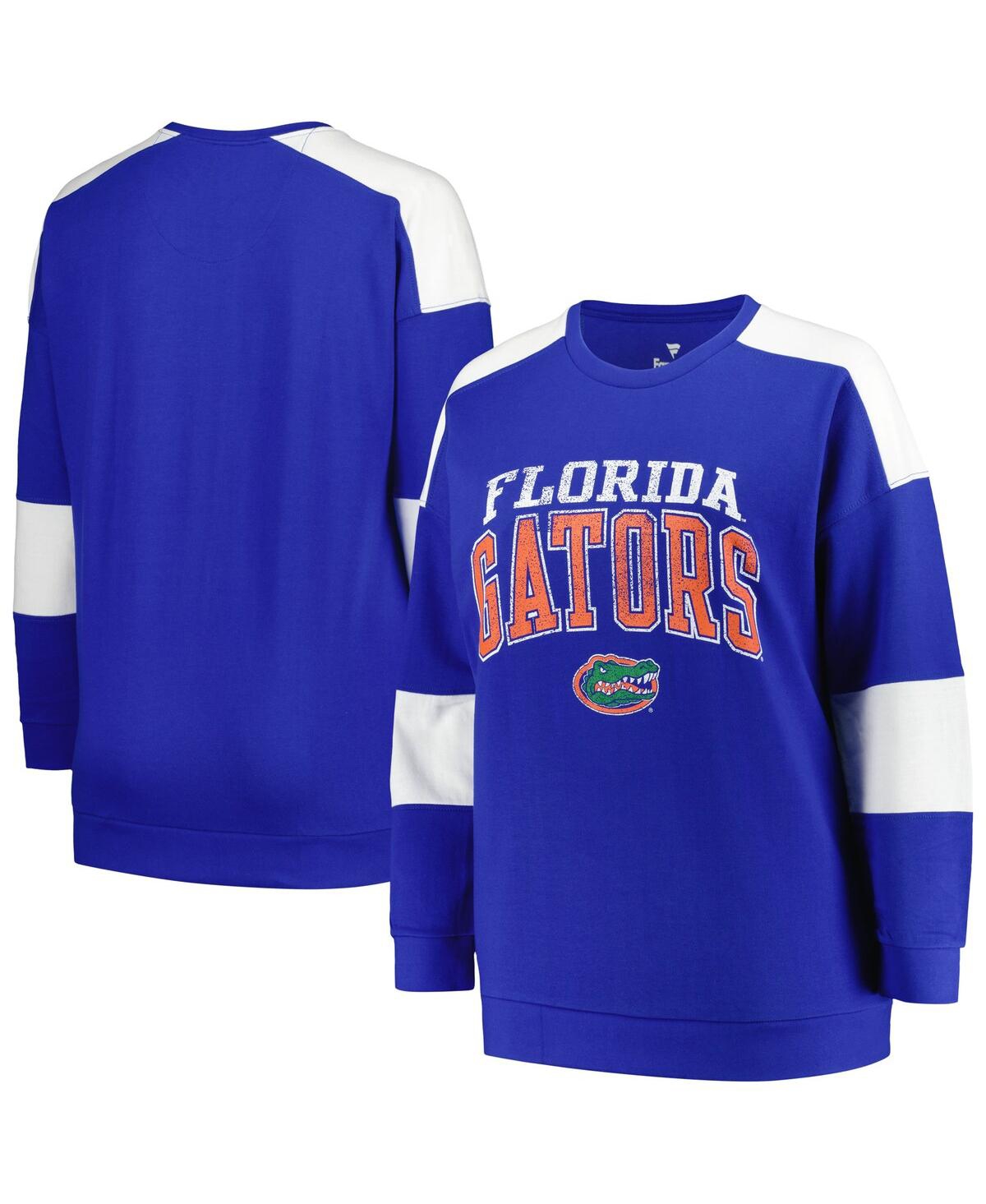 Shop Profile Women's  Royal Distressed Florida Gators Plus Size Striped Pullover Sweatshirt