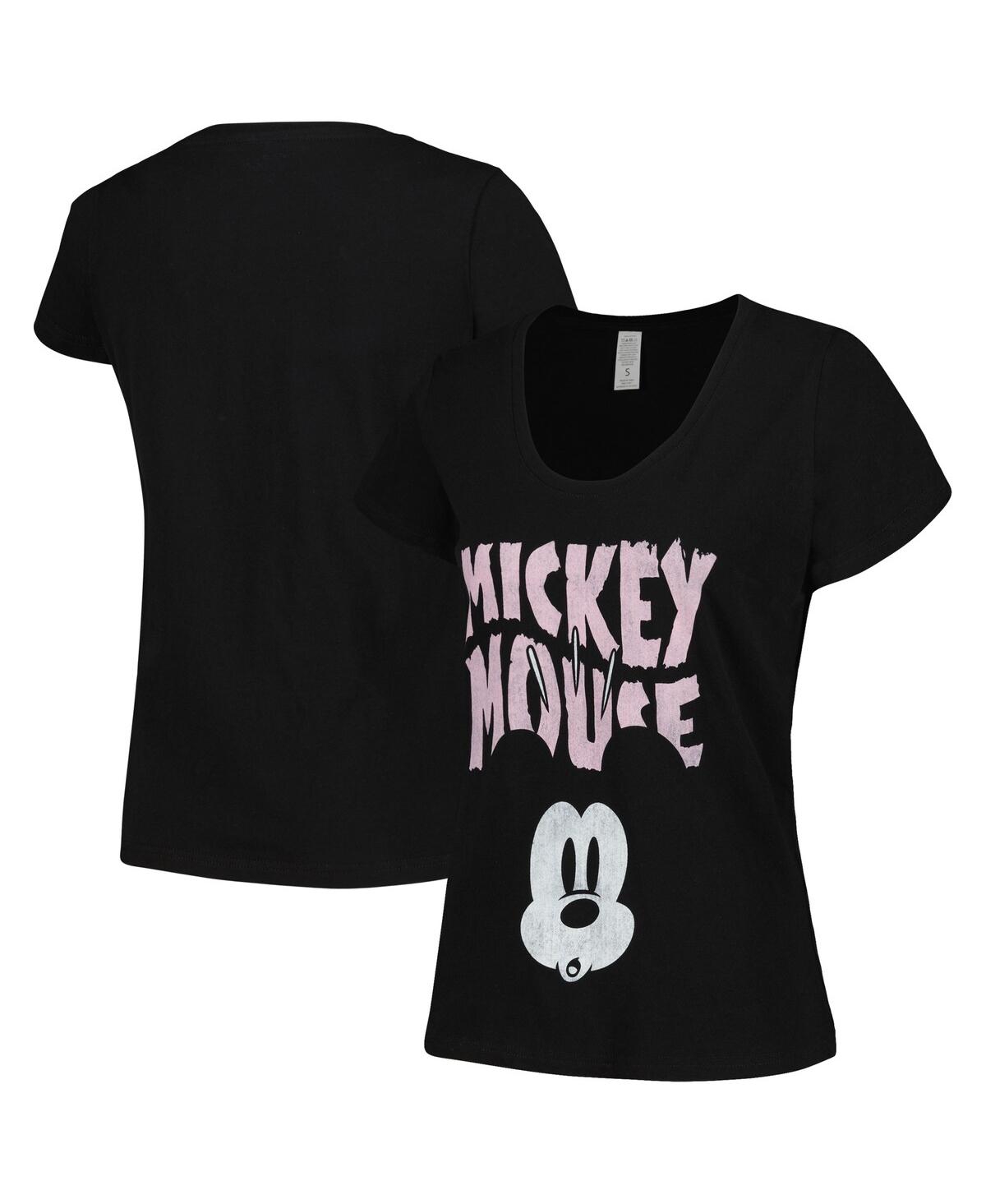 Mad Engine Women's  Black Distressed Mickey Mouse Face Scoop Neck T-shirt