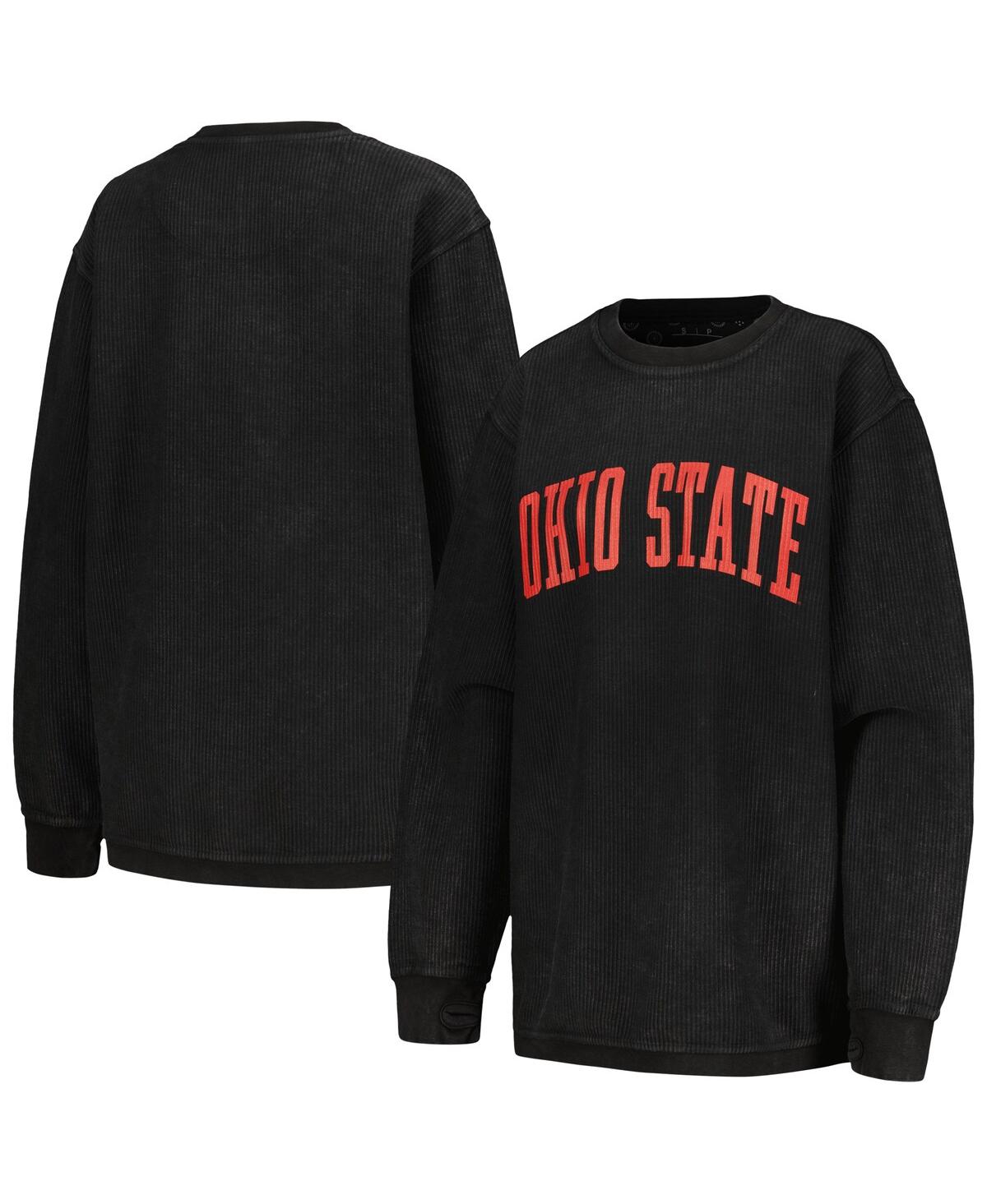Pressbox Women's  Black Distressed Ohio State Buckeyes Comfy Corded Vintage-like Wash Basic Arch Pull