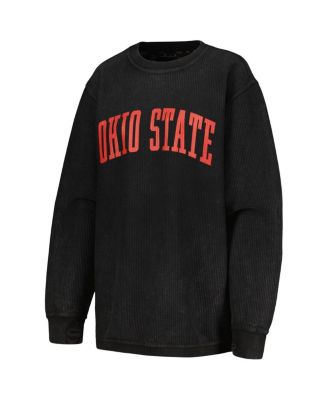 Women's Black Distressed Ohio State Buckeyes Comfy Corded Vintage-Like Wash Basic Arch Pullover Sweatshirt