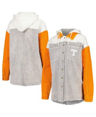 Women's Gray Distressed Tennessee Volunteers Vintage-Like Wash Corduroy Full-Snap Hooded Shacket