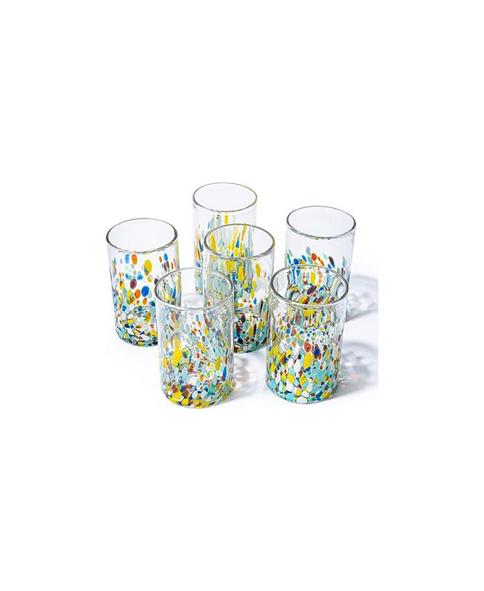 The Wine Savant Glass Hand Blown Mexican Drinking Glasses, Set of 6 Confetti Rock Design Glasses