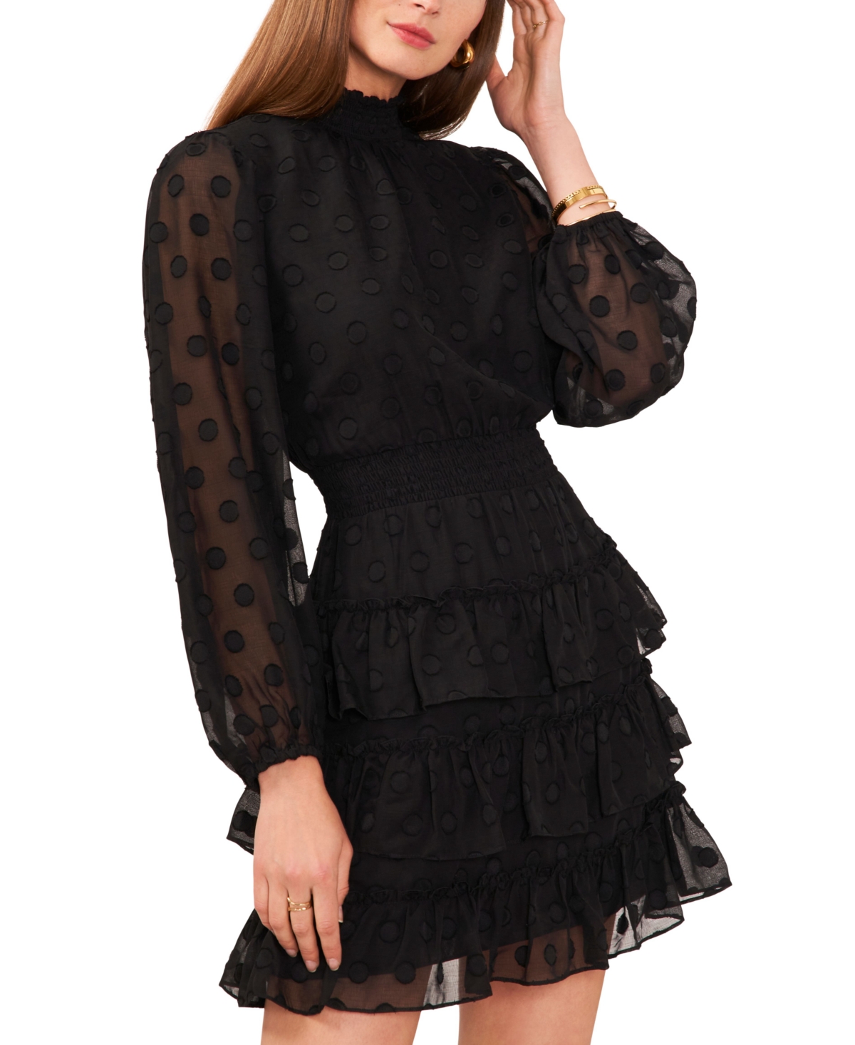 1.state Women's Dot Texture Balloon-sleeve Ruffled Fit & Flare Dress In Rich Black