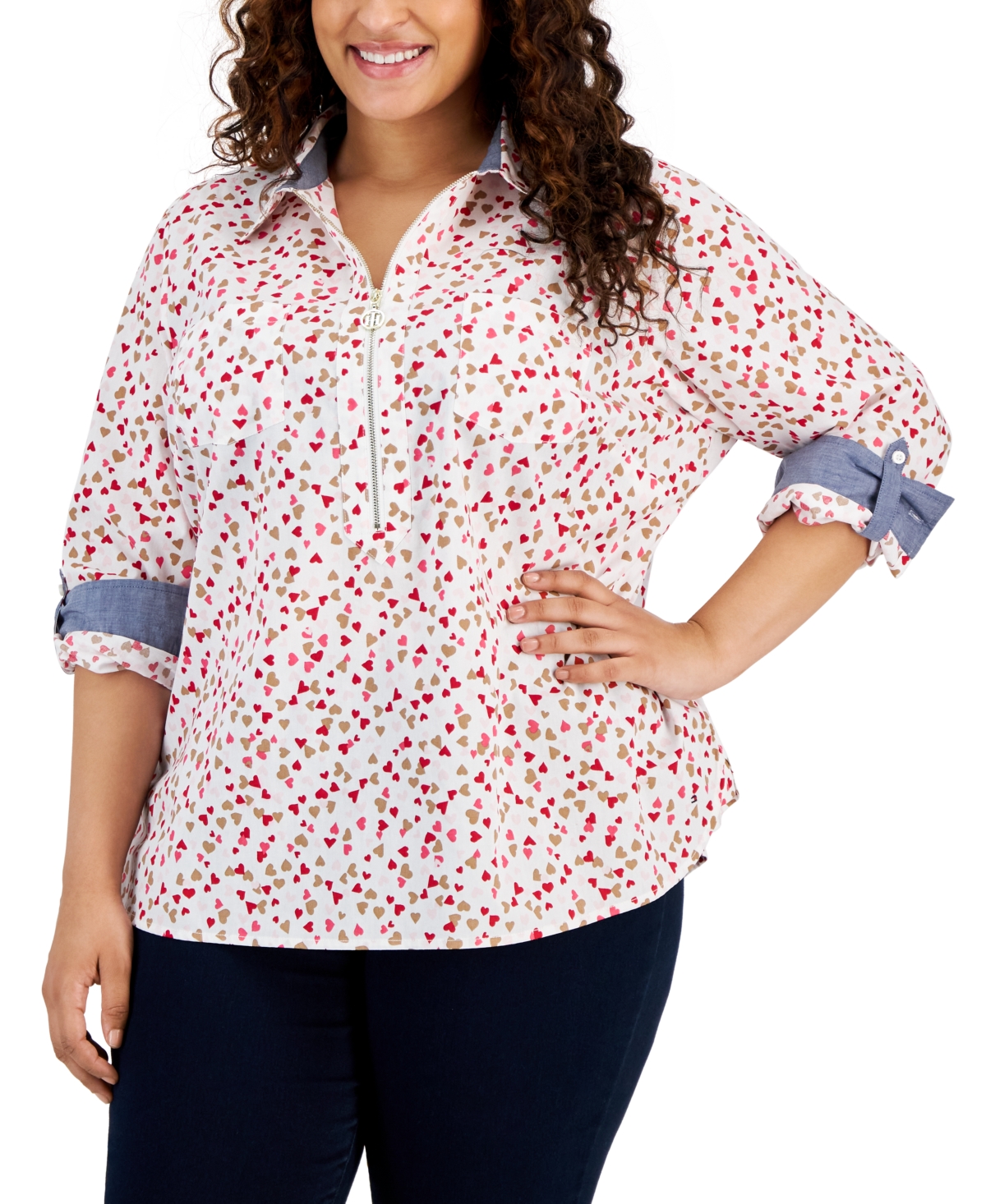 Tommy Hilfiger Plus Size Confetti-heart Roll-tab-sleeve Cotton Top In Bright White Multi