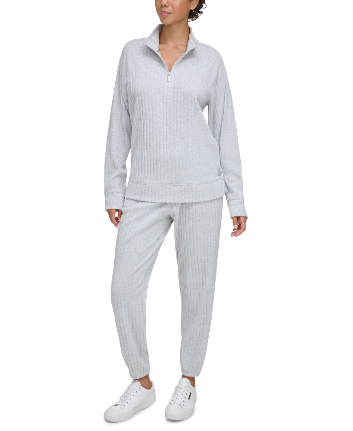 Calvin Klein Women's Ribbed Quarter-zip Sweatshirt In Pearl Grey Heather