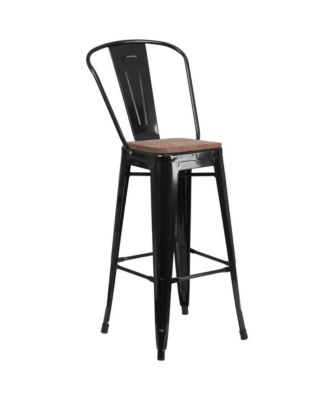 Dothan Metal Dining Stool With Curved Slatted Back And Textured Wood Seat