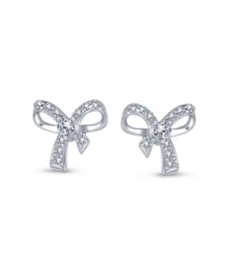 Delicate Dainty Ribbon Birthday Present Pave CZ Small Bow Stud Earrings Sterling Silver