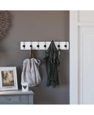 Enid 34 Inch Wall Mount Pine Wood Storage Rack With Hanging Hooks, Entryway, Kitchen, Bathroom