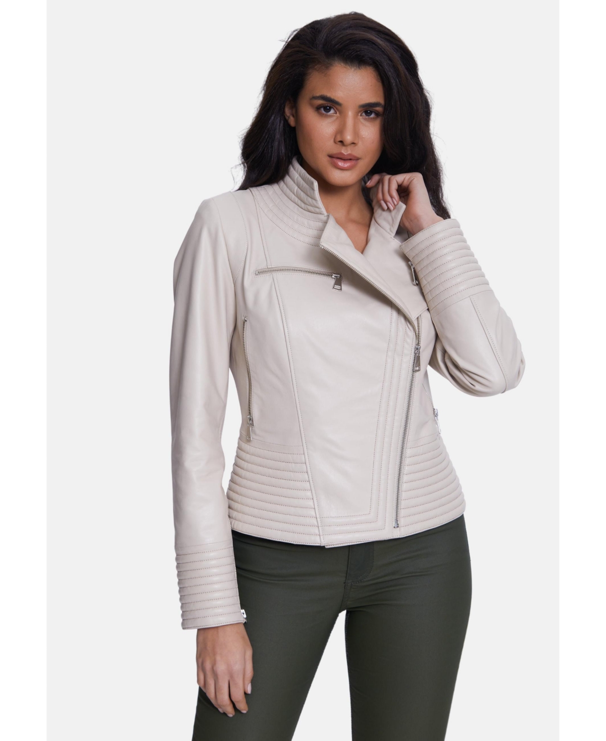 Women's Genuine Leather Riser Biker Jacket, Beige - Beige
