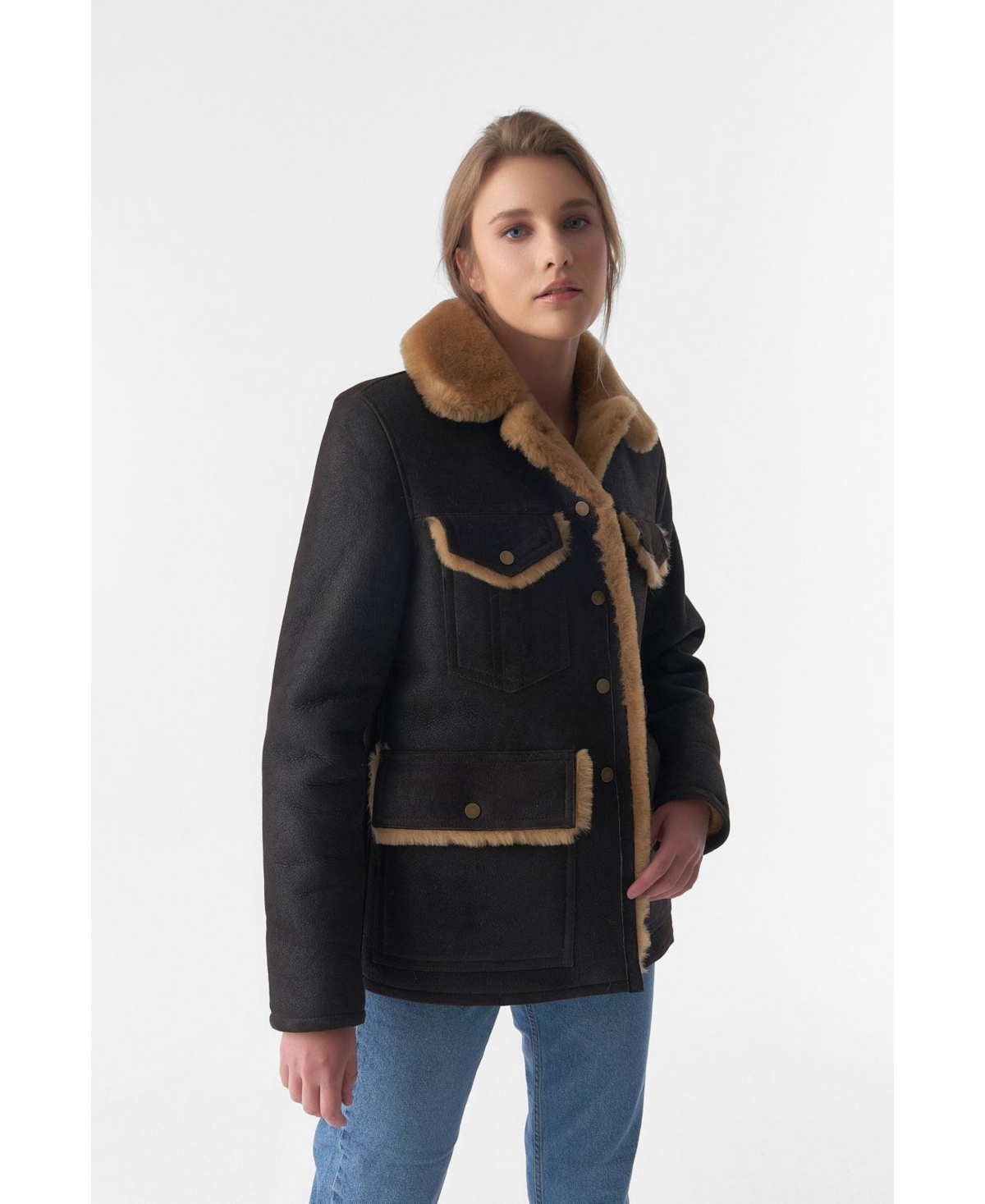 Furniq Uk Women's Sheepskin Western Trucker Coat, Washedwith Ginger Wool - Brown
