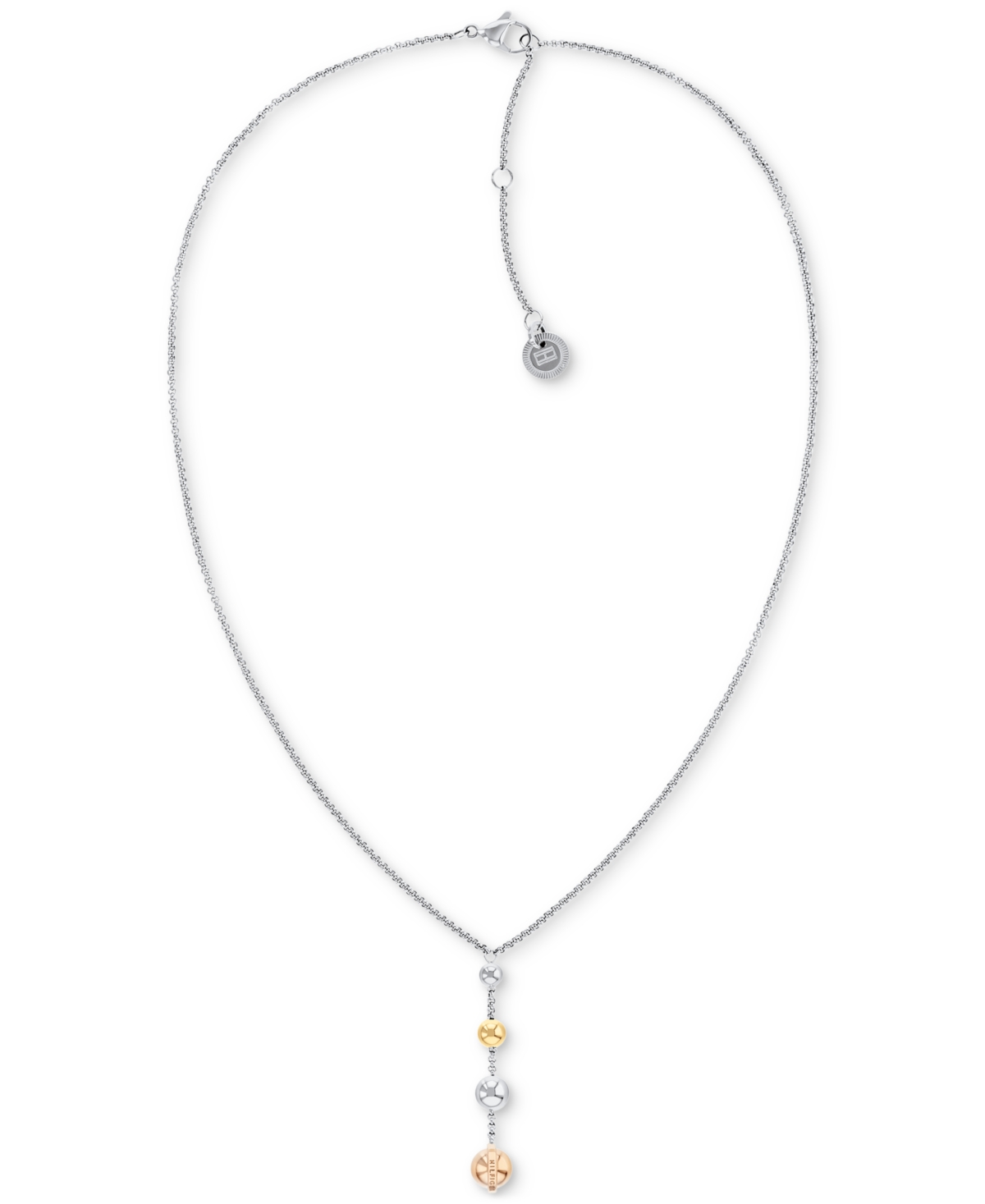 Two-Tone Stainless Steel Metallic Orb Lariat Necklace, 17" + 2" extender - Multi