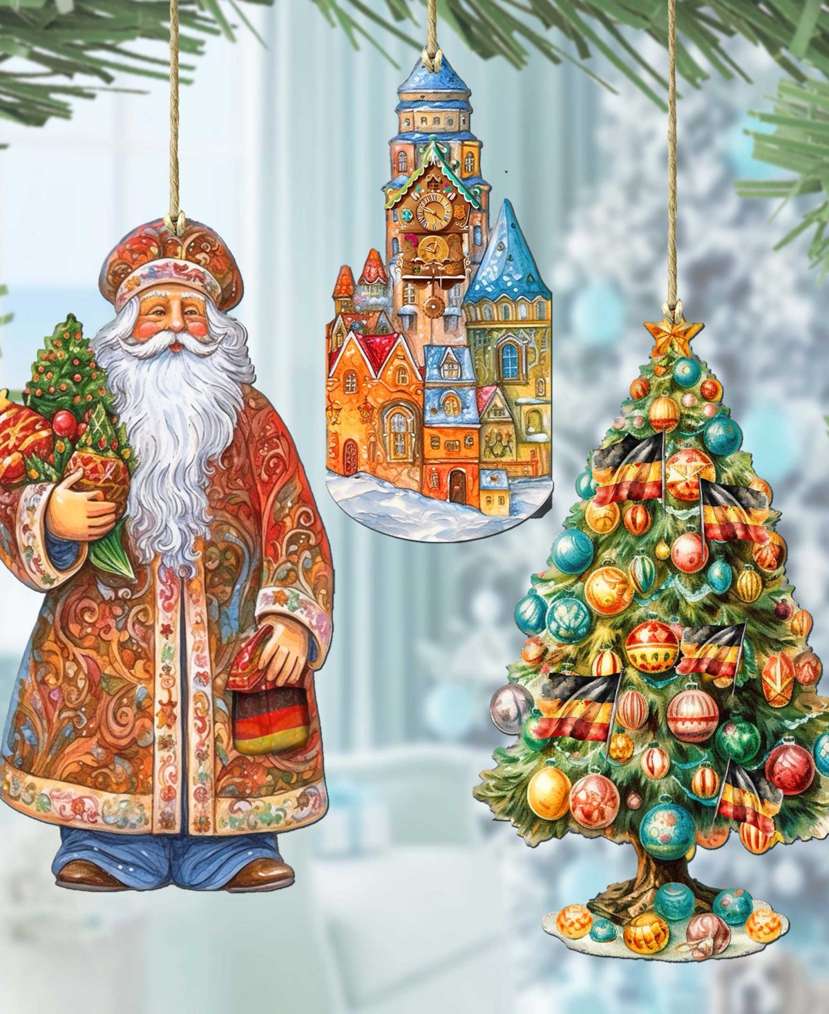 Designocracy Traveling Santa Wooden Ornaments Set Of 3 By G.debrekht In Multi Color