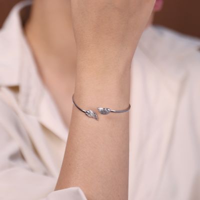 Dainty Religious Minimalist Thin Guardian Angel Wing Feather Bangle Cuff Bracelet Sterling Silver