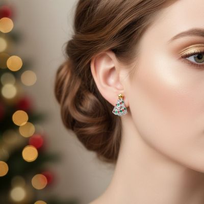 Holiday Golden Star Winter Red Green Cubic Zirconia CZ Sparkly Christmas Tree Stud Earrings