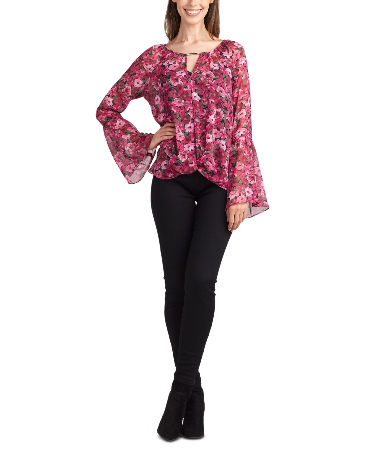 Shop Bcx Juniors' Twisted Keyhole Floral Bell-sleeve Top In Pat C