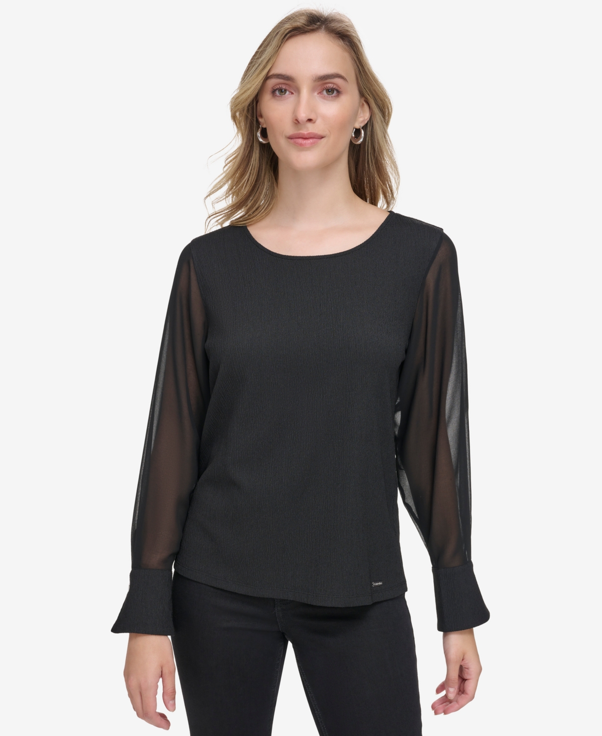 Calvin Klein Women's Sheer-sleeve Crewneck Blouse In Black