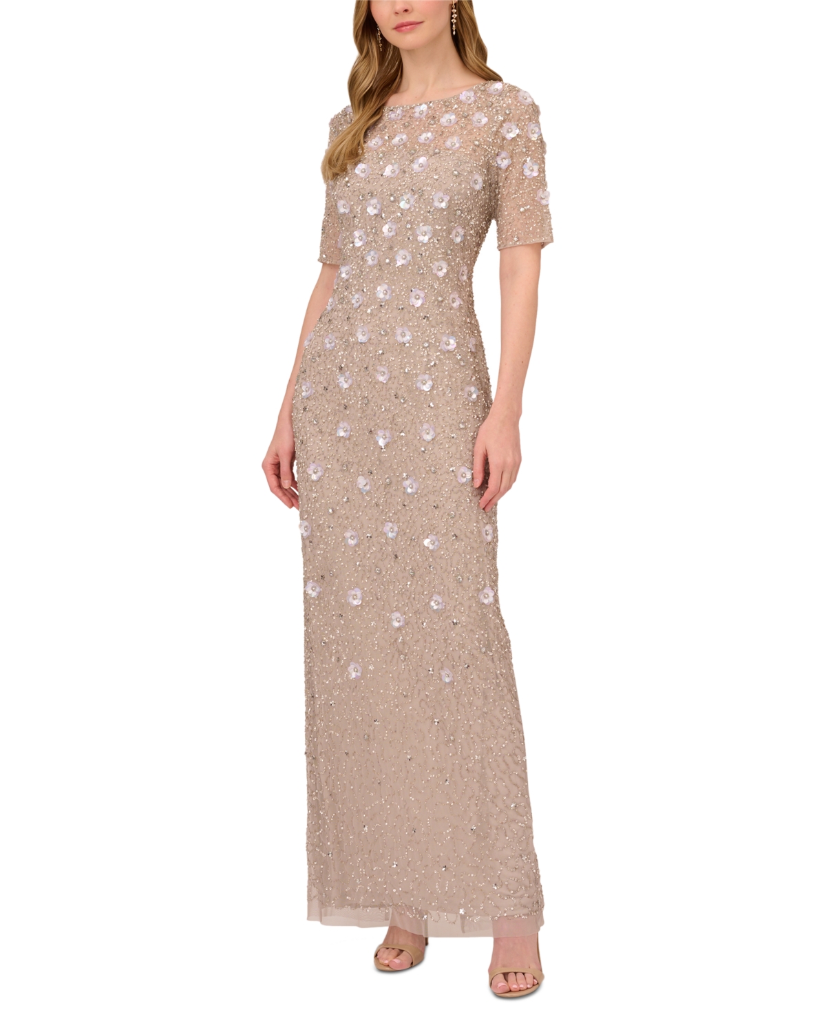 Adrianna Papell Plus Size 3d Floral Embellished Gown In Marble