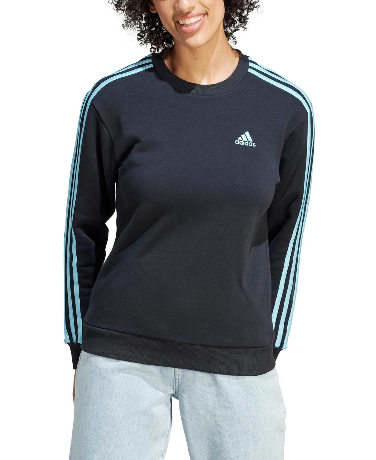 Shop Adidas Originals Women's 3-stripe Cotton Fleece Crewneck Sweatshirt In Black,light Aqua