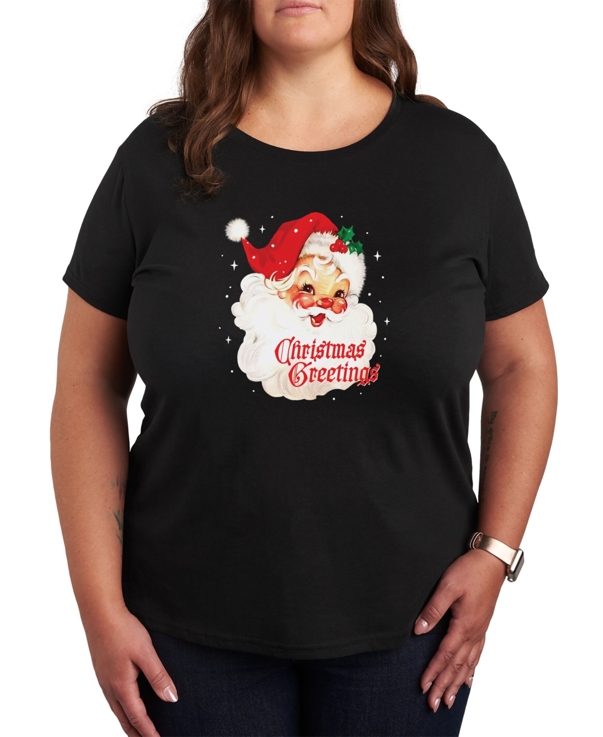 Air Waves Trendy Plus Size Christmas Greetings Graphic T-shirt In Black