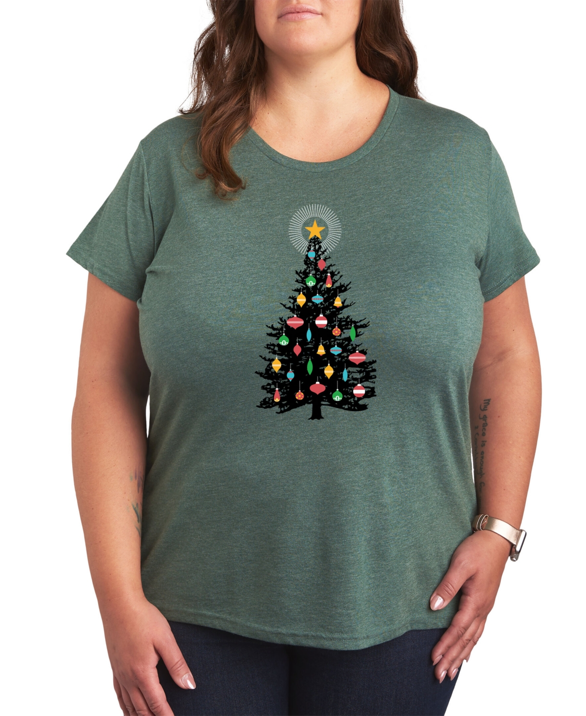Air Waves Trendy Plus Size Christmas Tree Graphic T-shirt In Green