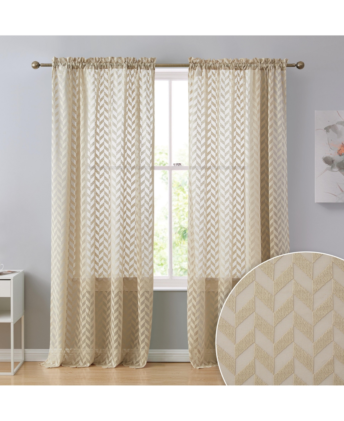 Herringbone Thick Semi Sheer Premium Rod Pocket Window Curtain Panels for Bedroom & Living Room - Set of 2 - Taupe