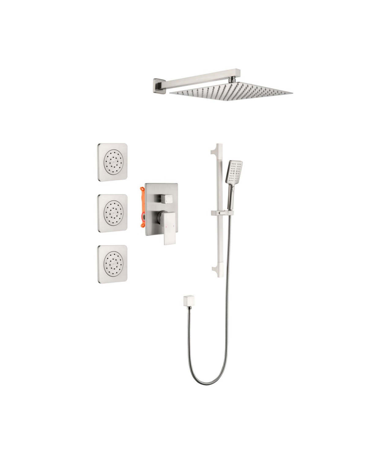 Shower System With Shower Head, Hand Shower, Slide Bar, Body Sprays, Shower Arm, Hose, Valve - Brushed nickel