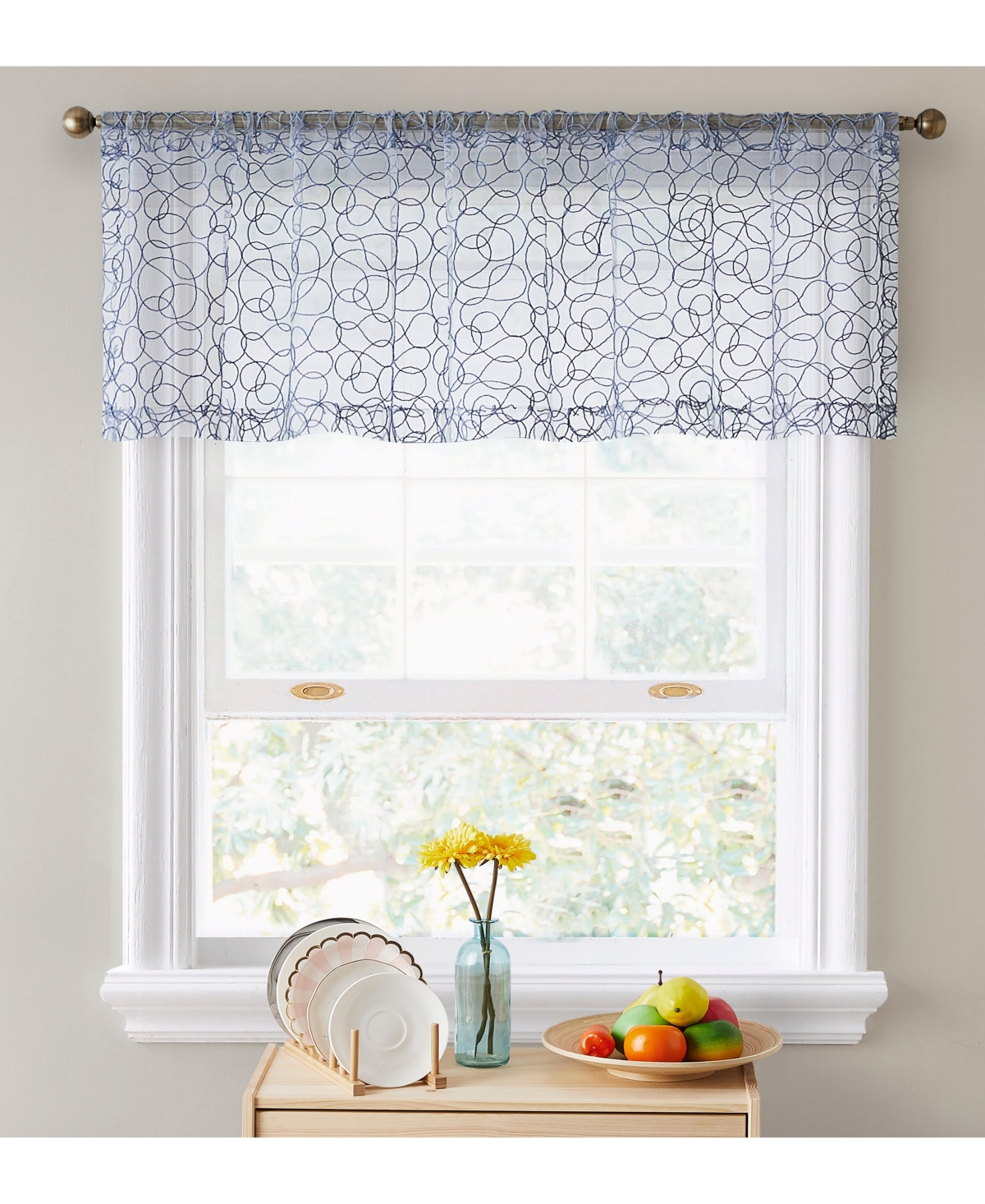 Audrey Embroidered Sheer Voile Window Curtain Rod Pocket Valance for Kitchen, Bedroom, Small Windows and Bathroom - Dusty blue