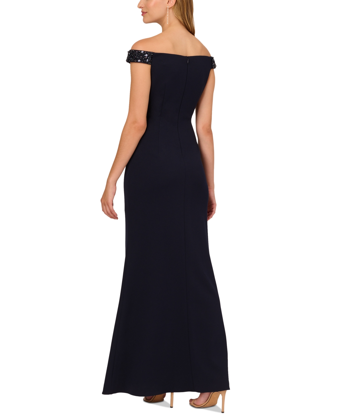 Shop Adrianna Papell Women's Beaded-trim Off-the-shoulder Gown In Midnight