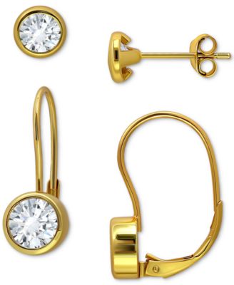2-Pc. Set Cubic Zirconia Stud & Leverback Earrings in 18k Gold-Plated Sterling Silver, Created for Macy's