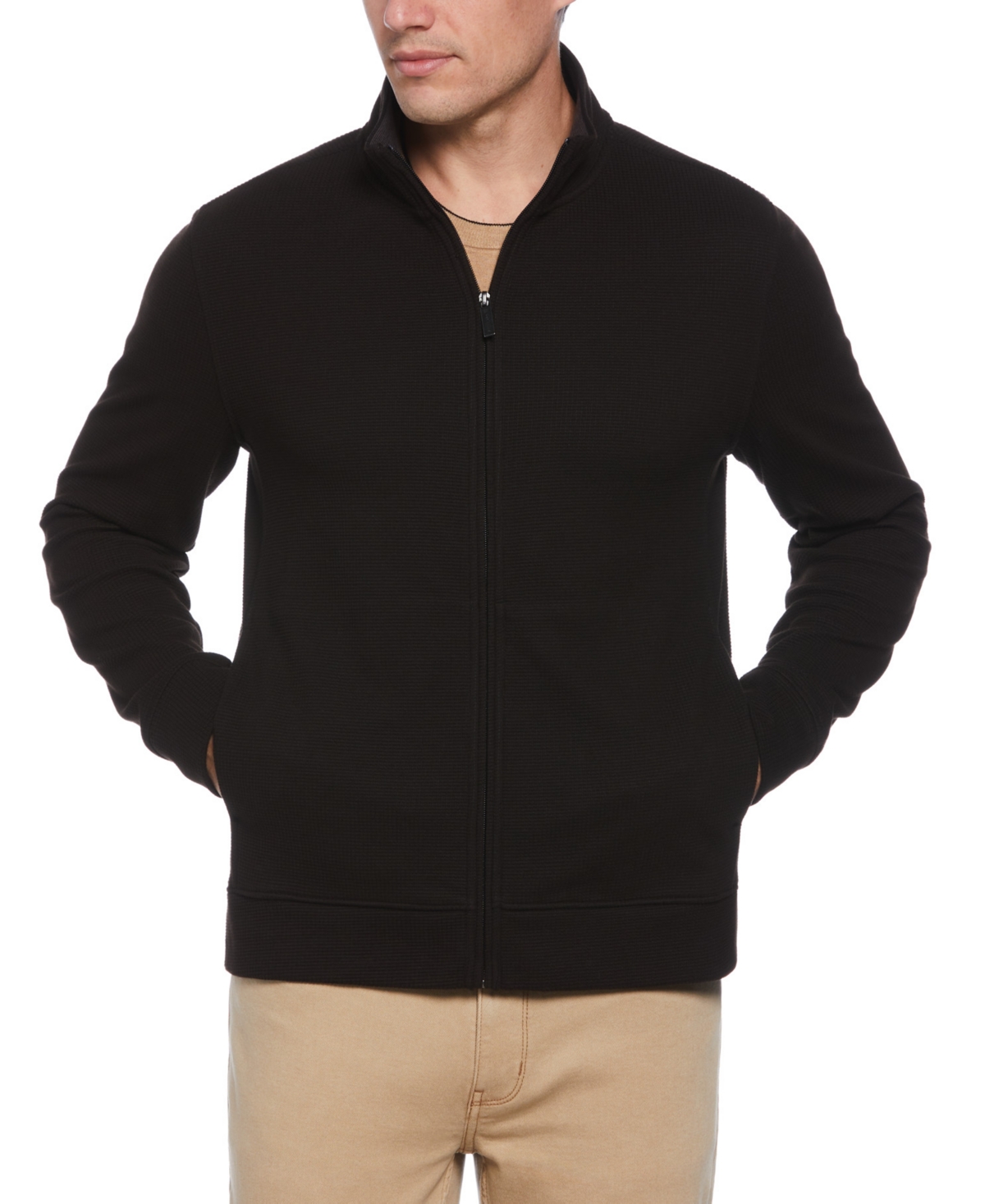 PERRY ELLIS MEN'S WAFFLE-KNIT FULL-ZIP SWEATER