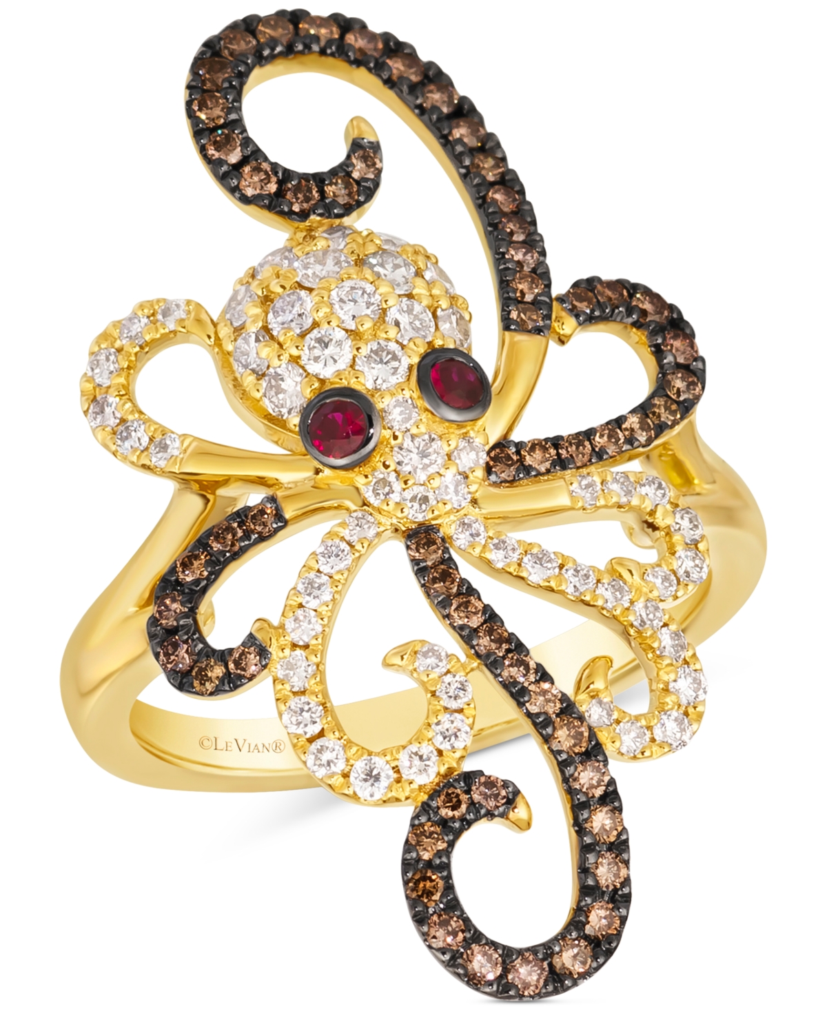 Le Vian Chocolate Diamond & Nude Diamond (7/8 Ct. T.w.) & Passion Ruby (1/20 Ct. T.w.) Octopus Ring In 14k G In K Honey Gold Ring
