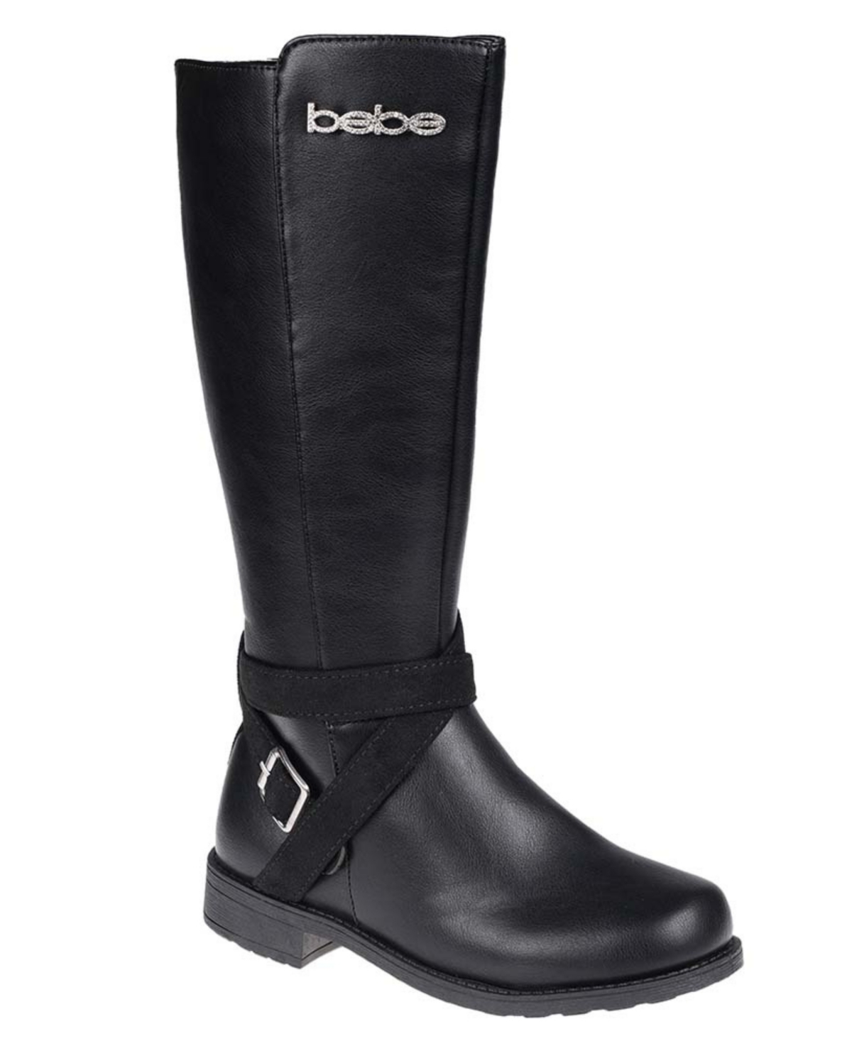 Bebe Kids' Little Girls Tall Fashion Boots With Shimmer Micro Straps, Plate And Buckle In Black