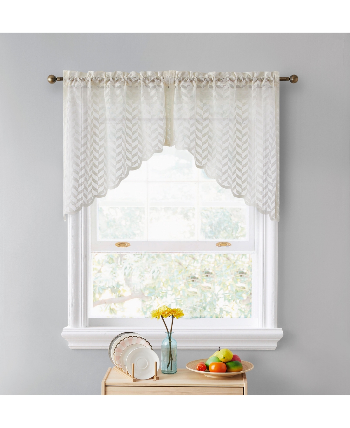 Herringbone Semi Sheer Voile Kitchen Cafe Curtain Panels - Rod Pocket -Swags for Small Windows & Bathroom - Beige