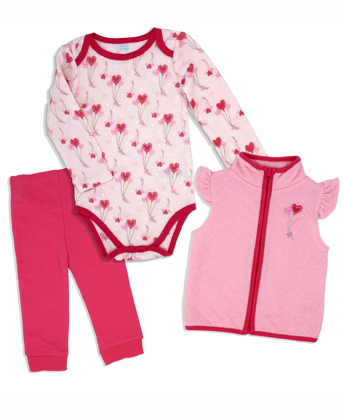 Baby Mode Baby Girls Hearts Bodysuit, Pants And Vest, 3 Piece Set In Fuchsia