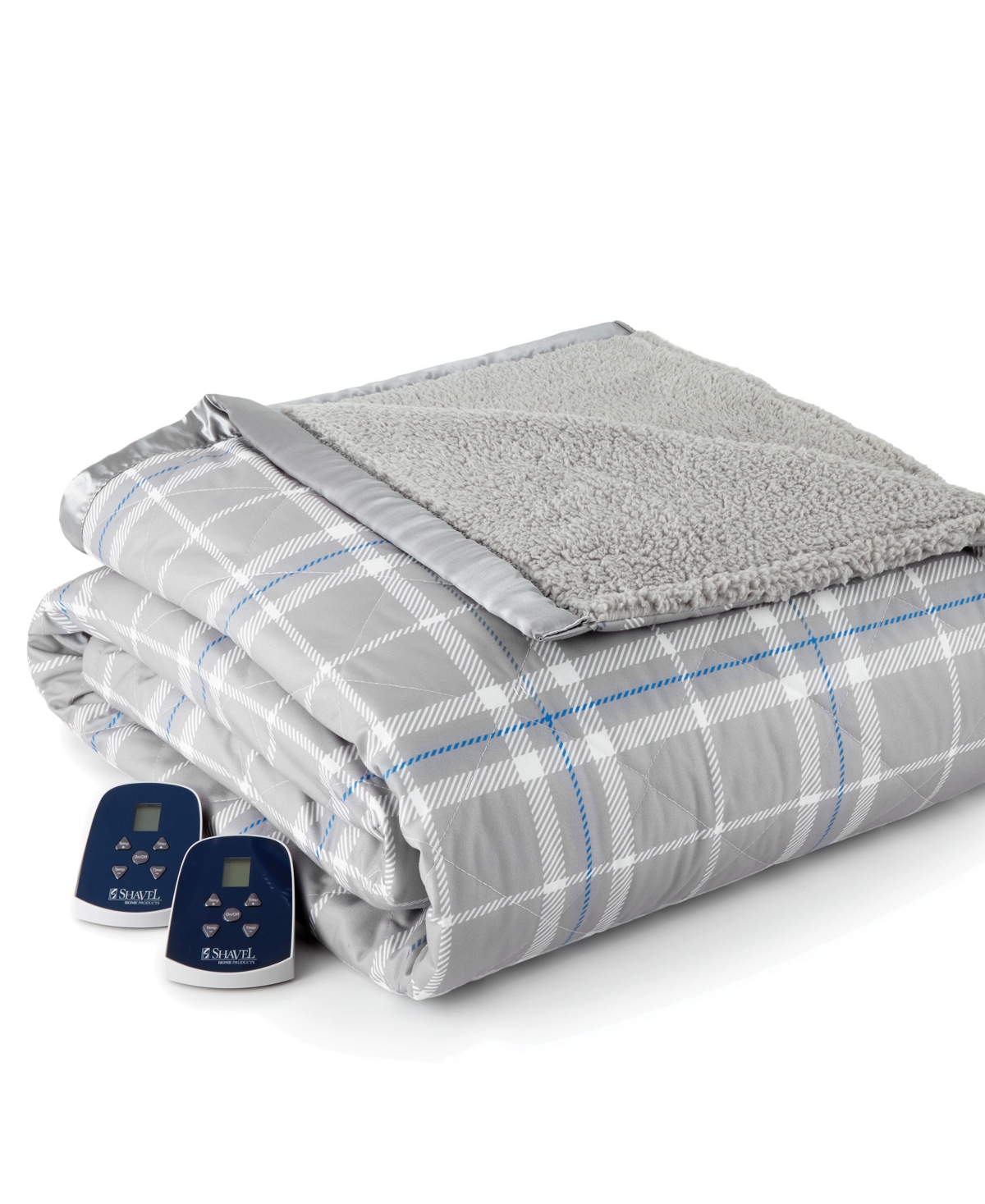 Shavel Reversible Micro Flannel To Sherpa Queen Electric Blanket In Carlton Plaid Gray