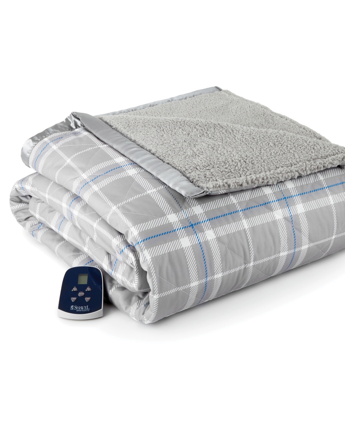 Shavel Reversible Micro Flannel To Sherpa Full Electric Blanket In Carlton Plaid Gray