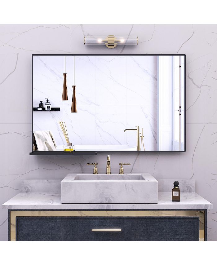 Simplie Fun Modern Bathroom Mirror With Storage Shelf Rectangular Black