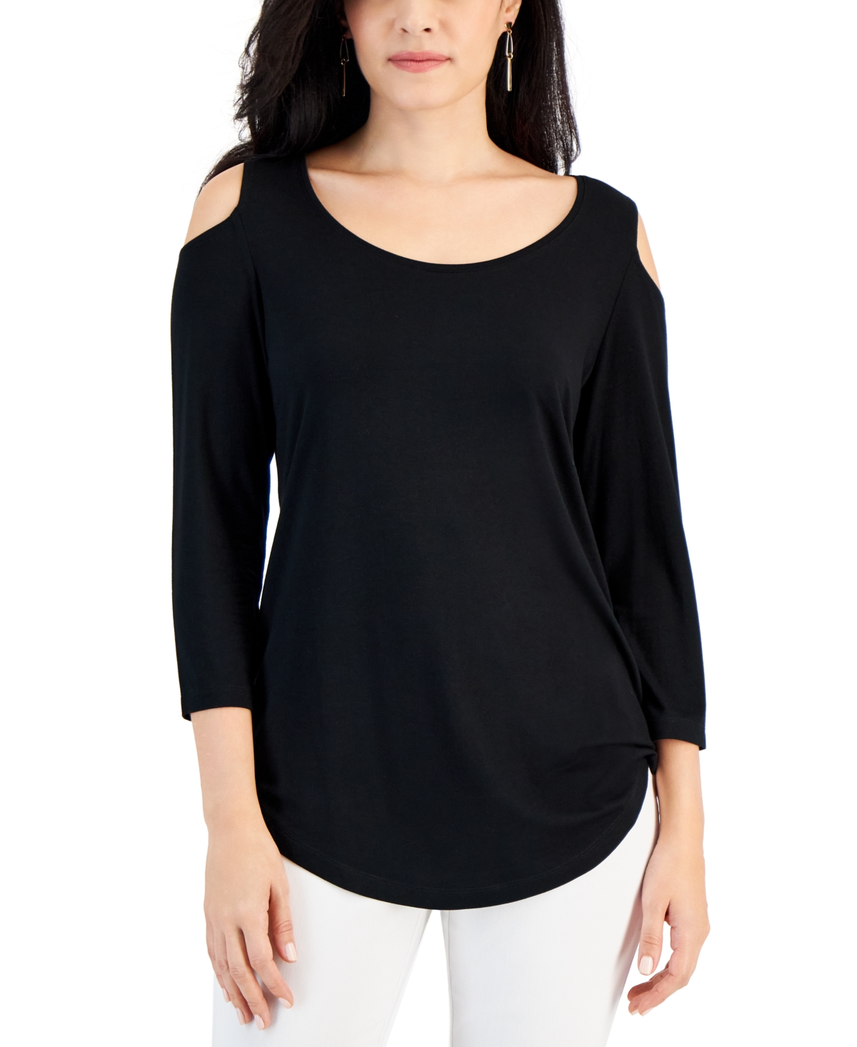 Jm Collection Women's 3/4 Sleeve Cold-shoulder Top, Created For Macy's In Deep Black