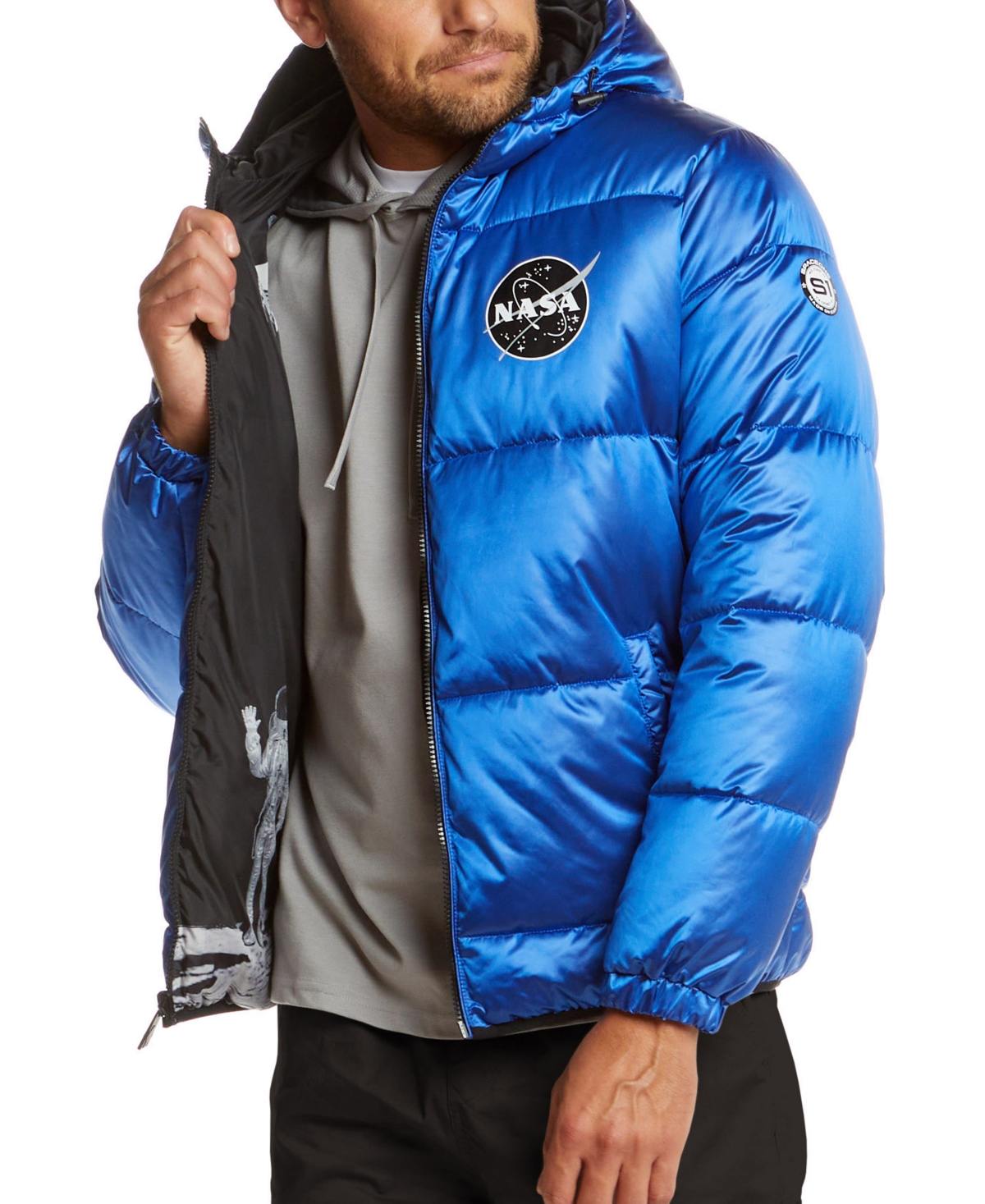 Space One Men's Nasa-inspired Reversible Two-in-one Puffer Jacket With Astronaut Interior In Cosmic Blue
