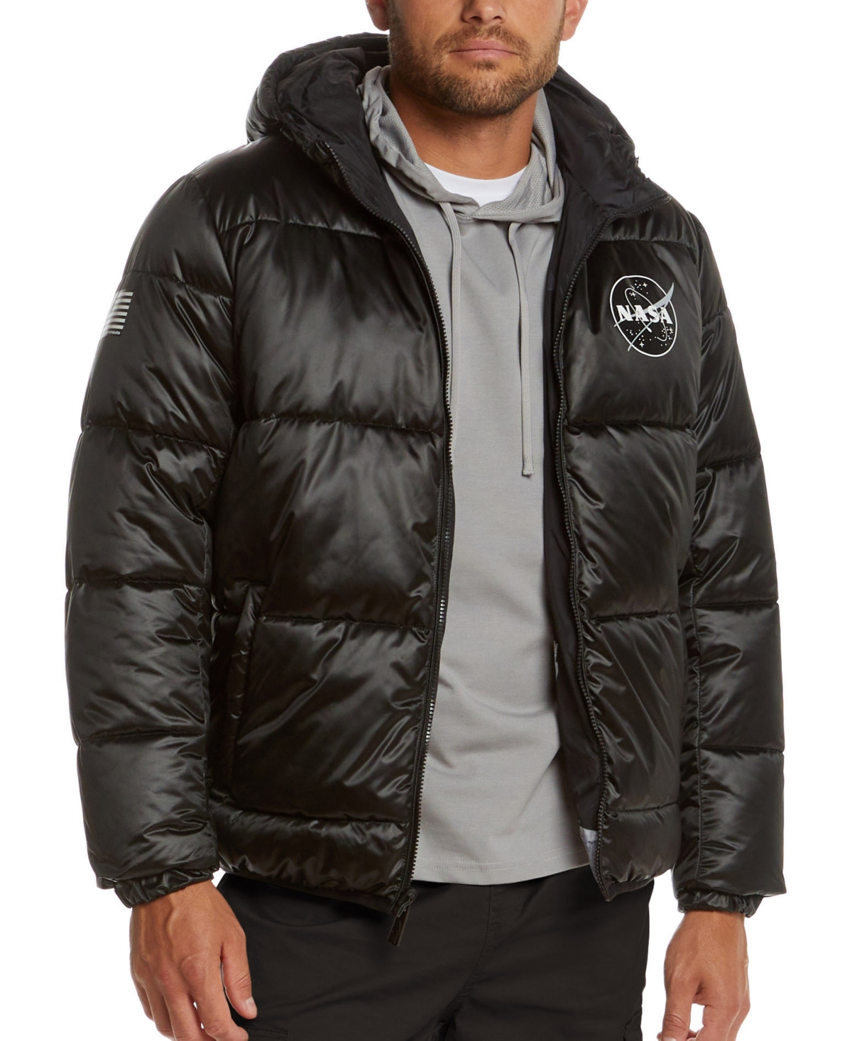 Space One Men's Nasa-inspired Reversible Two-in-one Puffer Jacket With Astronaut Interior In Black