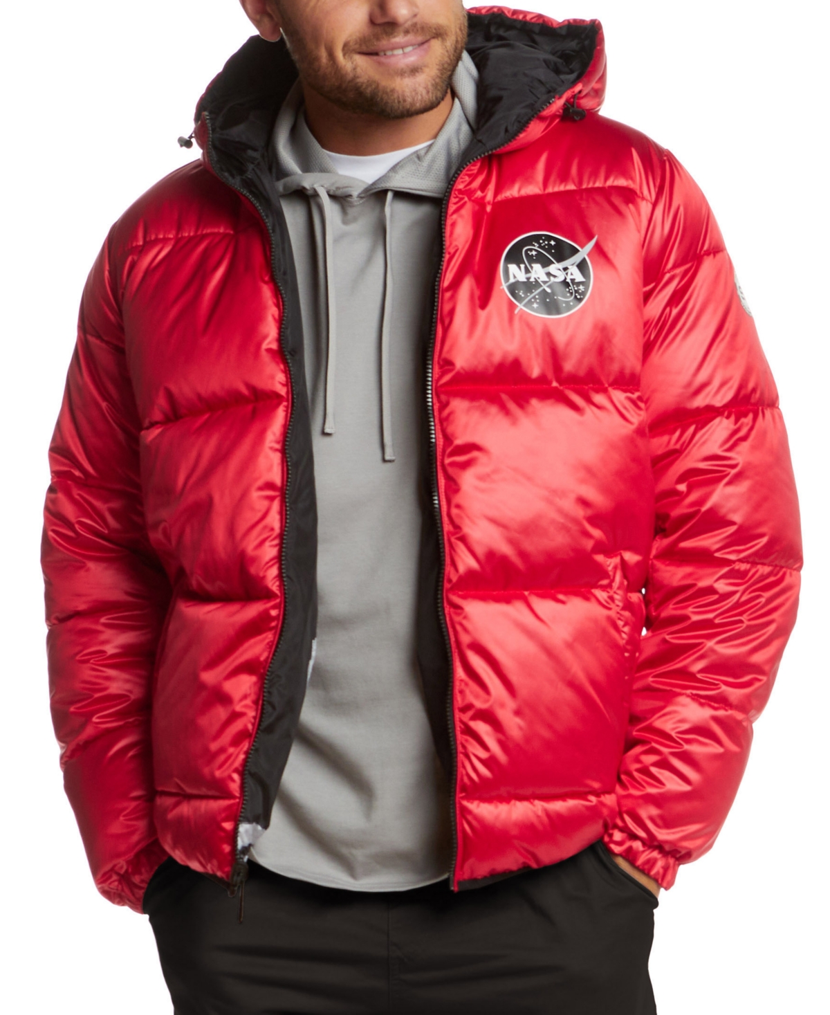 Space One Men's Nasa-inspired Reversible Two-in-one Puffer Jacket With Astronaut Interior In Mars Red