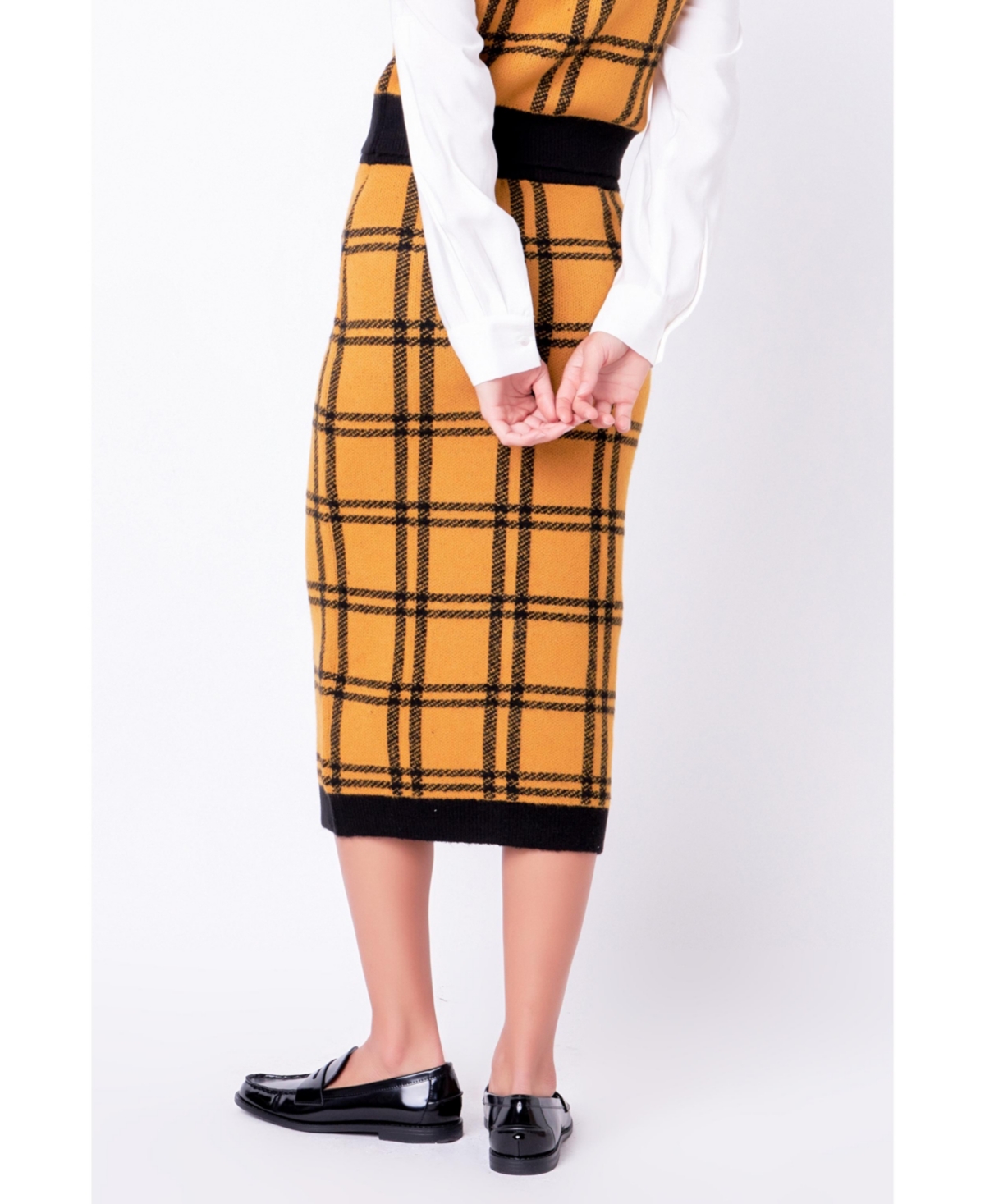 Women's Knit Check Plaid Midi Skirt -black
