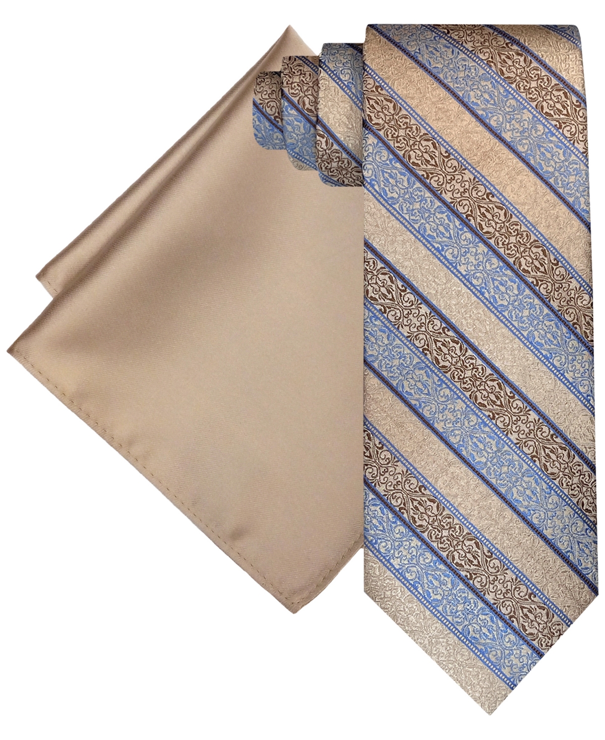 Men's Extra Long Textured Stripe Tie & Pocket Square Set - Ecru