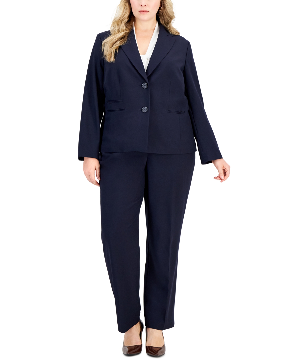 Shop Le Suit Plus Size Peak-lapel Button-front Pantsuit In Navy