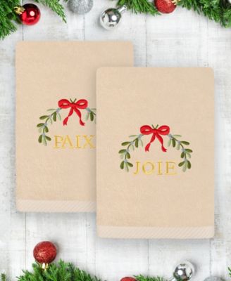 Christmas Mistletoe Paix Joie Embroidered Luxury 100% Turkish Cotton Hand Towels, 2 Piece Set