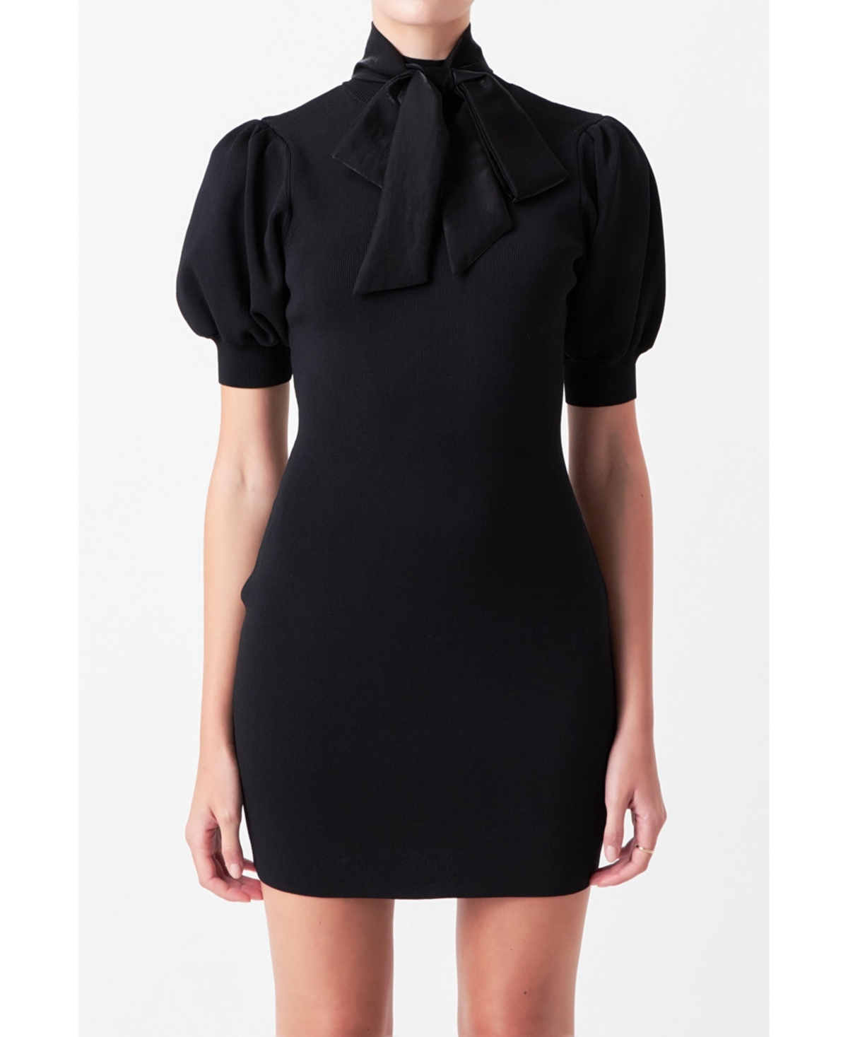Women's Sheen Bow Tie Knit Mini Dress - Jet black