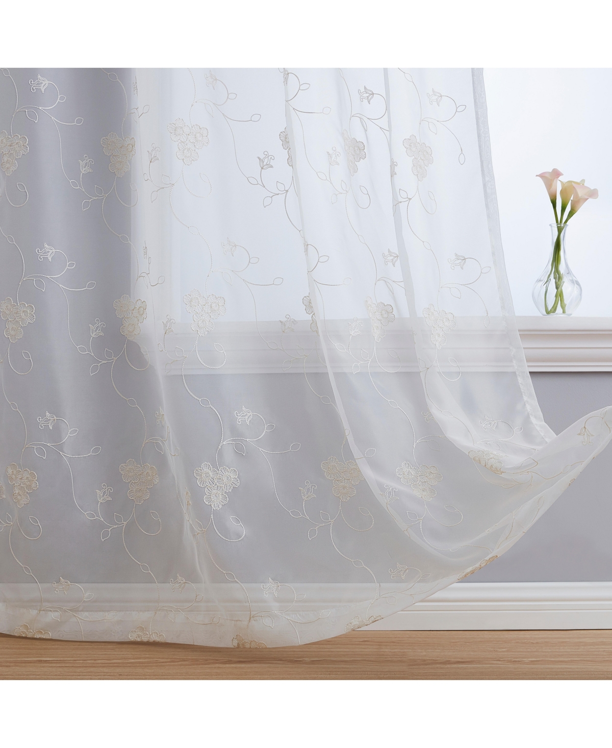 Allegra Floral Vine Embroidered Sheer Voile See Through Light Filtering Window Curtain Drapery Rod Pocket Top Panels for Bedroom & Dining Room,
