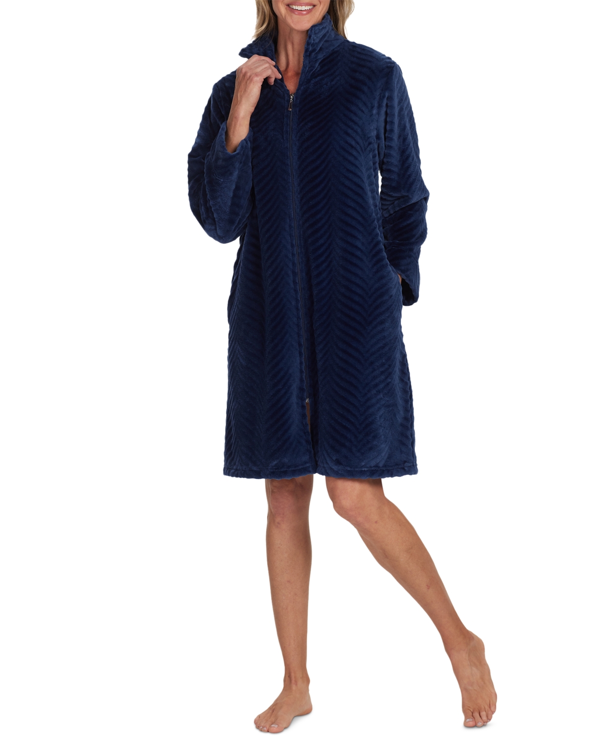 Miss Elaine Women's Solid Long-Sleeve Short Zip Fleece Robe